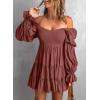 imageDokotoo Womens 2025 Spring Summer Dresses Elegant Off The Shoulder V Neck Long Sleeve Ruffle Flowy Mini Short Skater DressesBrown 2