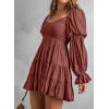 imageDokotoo Womens 2025 Spring Summer Dresses Elegant Off The Shoulder V Neck Long Sleeve Ruffle Flowy Mini Short Skater DressesBrown 2