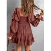 imageDokotoo Womens 2025 Spring Summer Dresses Elegant Off The Shoulder V Neck Long Sleeve Ruffle Flowy Mini Short Skater DressesBrown 2