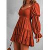 imageDokotoo Womens 2025 Spring Summer Dresses Elegant Off The Shoulder V Neck Long Sleeve Ruffle Flowy Mini Short Skater DressesBrown