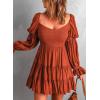 imageDokotoo Womens 2025 Spring Summer Dresses Elegant Off The Shoulder V Neck Long Sleeve Ruffle Flowy Mini Short Skater DressesBrown