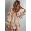 imageDokotoo Womens 2025 Spring Summer Dresses Elegant Off The Shoulder V Neck Long Sleeve Ruffle Flowy Mini Short Skater DressesKhaki 2