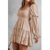imageDokotoo Womens 2025 Spring Summer Dresses Elegant Off The Shoulder V Neck Long Sleeve Ruffle Flowy Mini Short Skater DressesKhaki 2