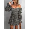 imageDokotoo Womens 2025 Spring Summer Dresses Elegant Off The Shoulder V Neck Long Sleeve Ruffle Flowy Mini Short Skater DressesZ Print Black