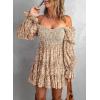 imageDokotoo Womens 2025 Spring Summer Dresses Elegant Off The Shoulder V Neck Long Sleeve Ruffle Flowy Mini Short Skater DressesZ Print Khaki 2