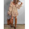 imageDokotoo Womens 2025 Spring Summer Dresses Elegant Off The Shoulder V Neck Long Sleeve Ruffle Flowy Mini Short Skater DressesZ Print Khaki 2