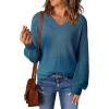 imageDokotoo Womens Casual VNeck Long Sleeve Sweaters Solid Color Pullover Knit Sweater Jumper TopsBlue
