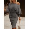 imageDokotoo Womens Elegant Off Shoulder Long Lantern Sleeve Sweater Dress Elastic Waist Bodycon Mini DressesDeep Gray