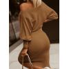 imageDokotoo Womens Elegant Off Shoulder Long Lantern Sleeve Sweater Dress Elastic Waist Bodycon Mini DressesKhaki