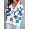 imageDokotoo Womens Plaid V Neck Button Down Long Sleeve Cable Knit Oversized Cardigan Sweaters TopsBlue