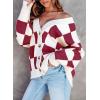 imageDokotoo Womens Plaid V Neck Button Down Long Sleeve Cable Knit Oversized Cardigan Sweaters TopsRed