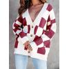 imageDokotoo Womens Plaid V Neck Button Down Long Sleeve Cable Knit Oversized Cardigan Sweaters TopsRed