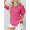 imageDokotoo Womens Summer Tops 2025 Casual Crewneck Short Lantern Sleeve Blouse Waffle Knit Pullover ShirtsBright Pink