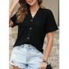 imageDokotoo Womens Summer Tops 2025 Waffle Knit Button Down Shirts Casual V Neck Short Sleeve Shacket Jacket Dressy BlousesBlack