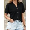 imageDokotoo Womens Summer Tops 2025 Waffle Knit Button Down Shirts Casual V Neck Short Sleeve Shacket Jacket Dressy BlousesBlack