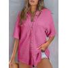 imageDokotoo Womens Waffle Knit Tops Casual 34 Bell Sleeve Button Down Shirts Lapel V Neck Dressy Blouses with PocketBright Pink