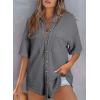 imageDokotoo Womens Waffle Knit Tops Casual 34 Bell Sleeve Button Down Shirts Lapel V Neck Dressy Blouses with PocketMedium Grey