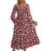 imageDokotoo Boho Dresses for Women 2025 Casual Floral Square Neck Long Sleeve Smocked Elastic Waist Tiered Ruffle Hem Maxi DressRed
