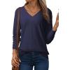 imageDokotoo Women Blouses Dressy Casual V Neck Long Sleeve Shirts Buttons Hollow Out Lace Embroidered TopsNavy Blue