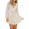 imageDokotoo Womens 2024 Summer Spring V Neck Ruffle Chiffon Elegant Tie Knot Mini Short Swing Skater Dresses1 Beige