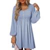 imageDokotoo Womens 2025 Casual Dresses Smocked Crewneck Button Up Long Sleeve Empire Waist ALine Mini DressSky Blue