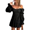 imageDokotoo Womens 2025 Spring Summer Dresses Elegant Off The Shoulder V Neck Long Sleeve Ruffle Flowy Mini Short Skater DressesBlack