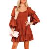 imageDokotoo Womens 2025 Spring Summer Dresses Elegant Off The Shoulder V Neck Long Sleeve Ruffle Flowy Mini Short Skater DressesBrown