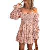 imageDokotoo Womens 2025 Spring Summer Dresses Elegant Off The Shoulder V Neck Long Sleeve Ruffle Flowy Mini Short Skater DressesZ Print Pink 3
