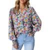 imageDokotoo Womens Casual V Neck Easel Floral Print Long Sleeve Blouses Smocked Button Down Shirts Bohemian TopSky Blue