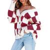 imageDokotoo Womens Plaid V Neck Button Down Long Sleeve Cable Knit Oversized Cardigan Sweaters TopsRed