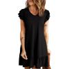 imageDokotoo Womens Summer Dresses 2025 Ruffle Short Sleeve Smocked V Neck Casual Loose ALine Swing Mini Dress SundressBlack