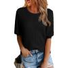 imageDokotoo Womens Summer Tops 2025 Casual Crewneck Short Lantern Sleeve Blouse Waffle Knit Pullover ShirtsBlack
