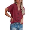 imageDokotoo Womens Summer Tops 2025 Waffle Knit Button Down Shirts Casual V Neck Short Sleeve Shacket Jacket Dressy BlousesVine Red