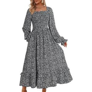 imageDokotoo Boho Dresses for Women 2025 Casual Floral Square Neck Long Sleeve Smocked Elastic Waist Tiered Ruffle Hem Maxi DressBlack