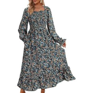 imageDokotoo Boho Dresses for Women 2025 Casual Floral Square Neck Long Sleeve Smocked Elastic Waist Tiered Ruffle Hem Maxi DressBlue