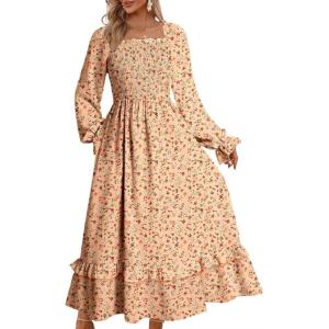imageDokotoo Boho Dresses for Women 2025 Casual Floral Square Neck Long Sleeve Smocked Elastic Waist Tiered Ruffle Hem Maxi DressDark Orange