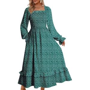 imageDokotoo Boho Dresses for Women 2025 Casual Floral Square Neck Long Sleeve Smocked Elastic Waist Tiered Ruffle Hem Maxi DressGreen