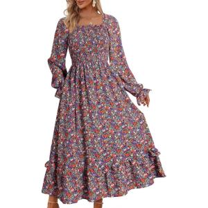 imageDokotoo Boho Dresses for Women 2025 Casual Floral Square Neck Long Sleeve Smocked Elastic Waist Tiered Ruffle Hem Maxi DressMulticolour