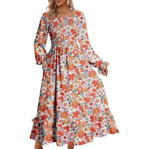 imageDokotoo Boho Dresses for Women 2025 Casual Floral Square Neck Long Sleeve Smocked Elastic Waist Tiered Ruffle Hem Maxi DressOrange