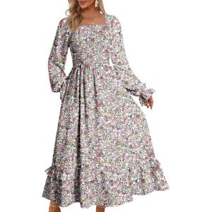 imageDokotoo Boho Dresses for Women 2025 Casual Floral Square Neck Long Sleeve Smocked Elastic Waist Tiered Ruffle Hem Maxi DressPink