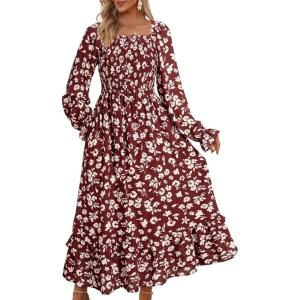 imageDokotoo Boho Dresses for Women 2025 Casual Floral Square Neck Long Sleeve Smocked Elastic Waist Tiered Ruffle Hem Maxi DressRed