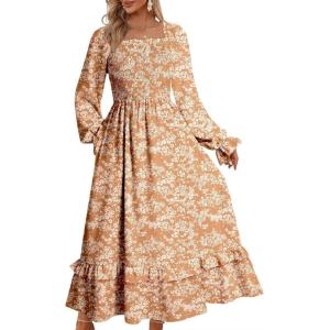 imageDokotoo Boho Dresses for Women 2025 Casual Floral Square Neck Long Sleeve Smocked Elastic Waist Tiered Ruffle Hem Maxi DressYellow