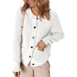 imageDokotoo Cardigan Sweaters for Women Casual Long Sleeve Crewneck Button Down Cable Knit Sweater Tops with PocketsBeige
