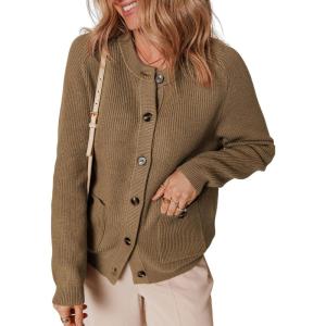 imageDokotoo Cardigan Sweaters for Women Casual Long Sleeve Crewneck Button Down Cable Knit Sweater Tops with PocketsBrown