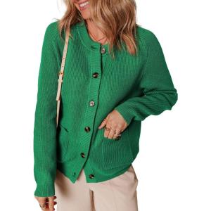 imageDokotoo Cardigan Sweaters for Women Casual Long Sleeve Crewneck Button Down Cable Knit Sweater Tops with PocketsGreen