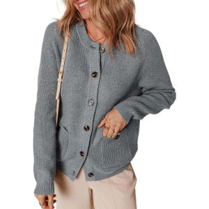 imageDokotoo Cardigan Sweaters for Women Casual Long Sleeve Crewneck Button Down Cable Knit Sweater Tops with PocketsGrey