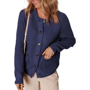 imageDokotoo Cardigan Sweaters for Women Casual Long Sleeve Crewneck Button Down Cable Knit Sweater Tops with PocketsNavy Blue