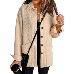 imageDokotoo Casual Quilted Jackets for Women Button Down Collared Long Sleeve Shirts Fall Jackets with Pockets 2025Apricot