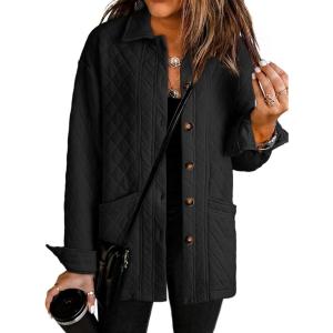 imageDokotoo Casual Quilted Jackets for Women Button Down Collared Long Sleeve Shirts Fall Jackets with Pockets 2025Black