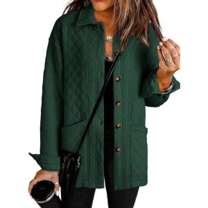 imageDokotoo Casual Quilted Jackets for Women Button Down Collared Long Sleeve Shirts Fall Jackets with Pockets 2025Blackish Green